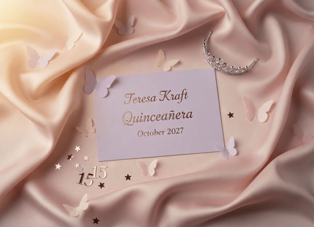A meticulously arranged quinceañera invitation flat lay, featuring an elegant pastel-lilac cardstock invitation with “Teresa Kraft – Quinceañera – October 2027” in shimmering rose-gold foil. The card rests on a soft blush satin fabric, surrounded by delicate paper butterflies, a tiny silver tiara, and confetti shaped like 15s and stars. Soft golden hour window light falls from the left, creating gentle highlights on the metallic lettering and subtle shadows in the fabric folds. Shot from a bird’s-eye view with sharp focus across the frame, the mood is playful, anticipatory, and celebratory. Photographic realism with vibrant colors and a clean, modern aesthetic, perfect for a landing page announcing an upcoming quinceañera and inviting visitors to subscribe for updates.